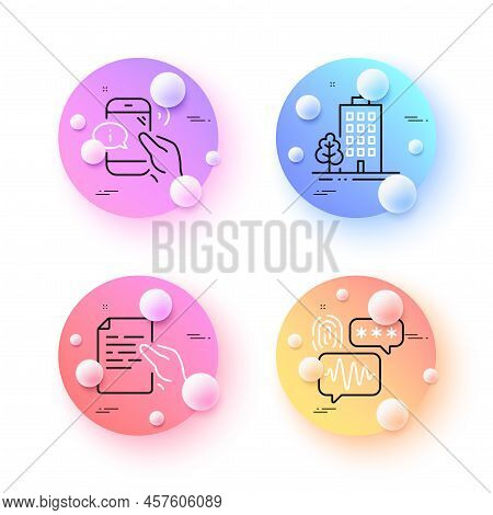 Skyscraper Buildings, Biometric Security And Hold Document Minimal Line Icons. 3d Spheres Or Balls B