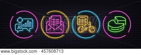 Seo Statistics, Mail Correspondence And Food Delivery Minimal Line Icons. Neon Laser 3d Lights. Pie 