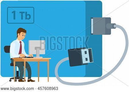 Man At Workplace In Office Near Flash Drive Device, Data Storage Concept. Character Works Remotely O