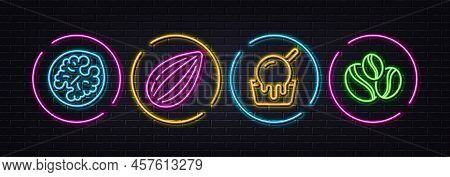 Walnut, Almond Nut And Ice Cream Minimal Line Icons. Neon Laser 3d Lights. Coffee-berry Beans Icons.
