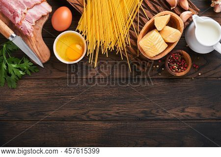 Ingredients For Pasta Carbonara. Traidtional Italian Pasta Carbonara Ingredients Bacon, Spaghetti, P