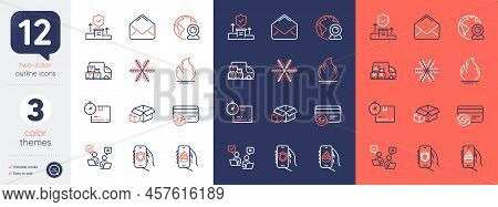 Set Of Video Conference, Mail And Fire Energy Line Icons. Include Snowflake, Packing Boxes, Food App