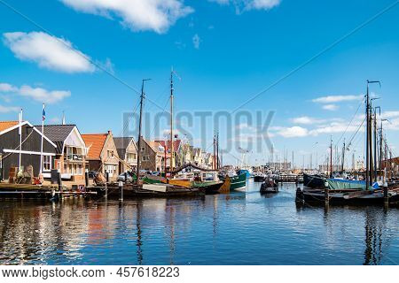 Urk Flevoland Netherlands June 2020 Sunset At The Lighthouse And Harbor Of Urk Holland. Fishing Vill