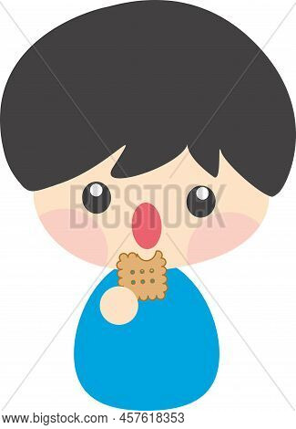 Cute Little Boy Eating Buscuit By Using His Hand. Kid Eating By Himself. Kid's Breakfast, Lunch, Din