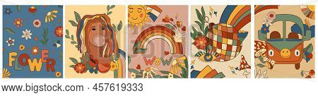 70s Groovy Posters With Retro Bus, Groovy Disco Ball, Colorful Rainbow, Girl, Flowers And Leaves. Ps