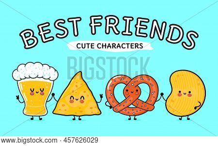 Cute, Funny Happy Glass Of Beer, Nachos, Chips, Pretzel. Vector Hand Drawn Cartoon Kawaii Characters