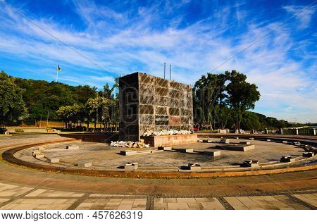 Kyiv, Ukraine-july 03,2022:wide-angle View Of Monument To Founders Of Kyiv: Kiy, Schek, Khoryv And S