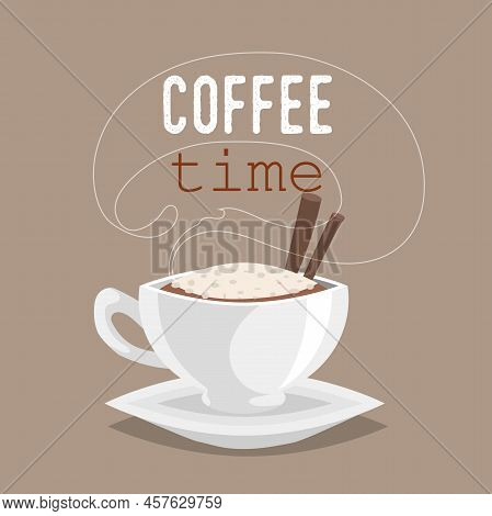 Coffee Shop Design Template. Cartoon Ccappuccino With Cinnamon Sticks And Outline Steam In The Back.