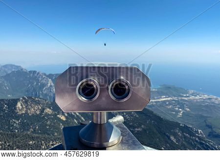 Observation Deck With Binoculars. Large, Metal Magnifier Of The Surrounding World. Panoramic Binocul