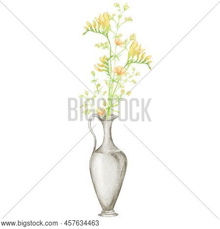 Watercolor Ancient Greece Pottery With Bouquet, Antique Greek Vases White Gray Jug. Old Clay Amphora