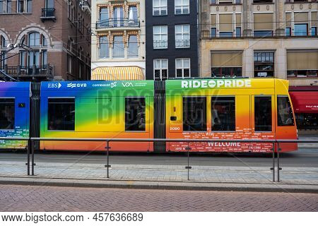 Amsterdam, The Netherlands - 21 June 2022: Gvb Tram With Gay Rainbow Colors