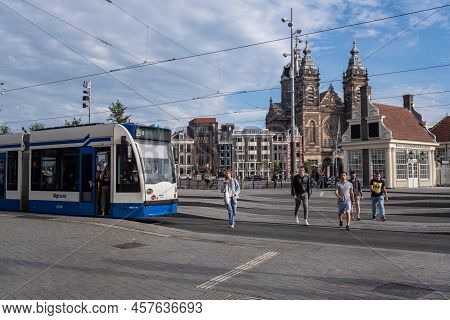 Amsterdam, The Netherlands - 21 June 2022: Gvb Tram At Centraal Station Square