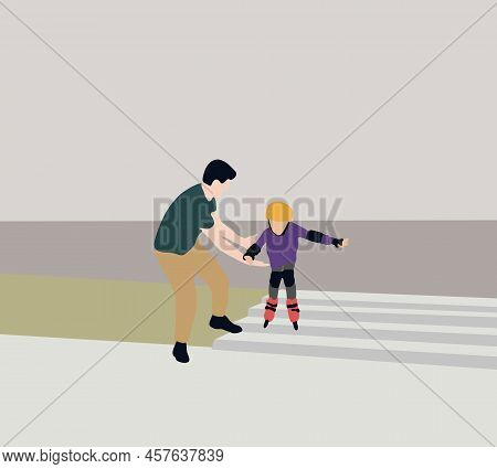 Father Teaching His Son To Skate On Roller Skates. Sunny Summer Day On Suburb Street. Parents And Ki
