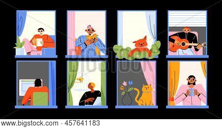 Neighbors And Pets In House Windows At Night. Vector Flat Illustration Of People In Apartments Work 