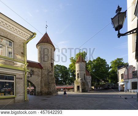 Tallinn, Estonia. July 2022.  Panoramic View Of The Ancient Viru City Gate In The City Center