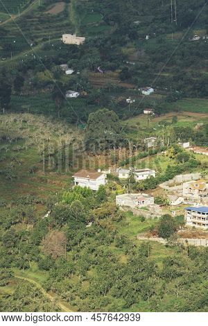 Birds Eye View Of Lush Green Palani Foothills And Mountain Village Near Kodaikanal Hill Station In T