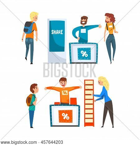 Man Promoter Advertising Products Or Services To Passerby At Trade Show Vector Set
