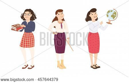 Woman School Teacher Or Educator Standing With Pointer And Globe Explaining Something Vector Set