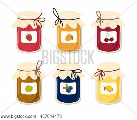 Glass Jars With Fruit Or Berry Jam Vector Illustrations Set. Cartoon Drawings Of Cute Jars With Marm