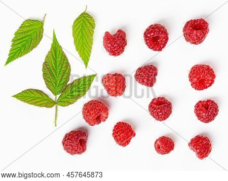 Ripe Raspberries With Leaves Isolated On White Background