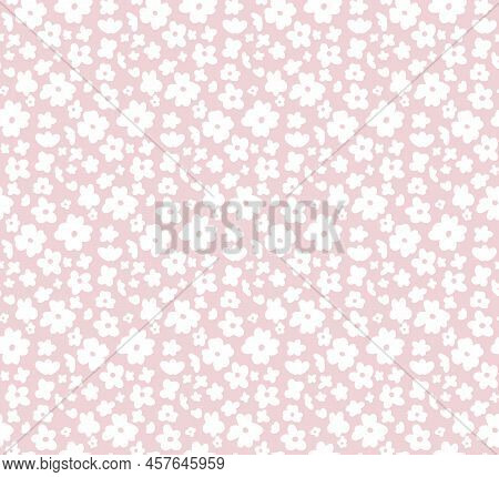 Vector Tender Seamless Ditsy Pattern. Romantic Texture With Small White Flowers On A Pink Background