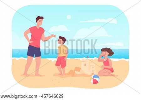 Father Scolding Son For Breaking Sand Castle Of Crying Girl. Angry Parent Or Dad Reproaching Naughty