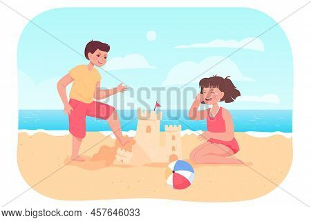 Naughty Cartoon Boy Breaking Sand Castle Of Crying Girl On Beach. Negative Emotions, Kid Destroying 