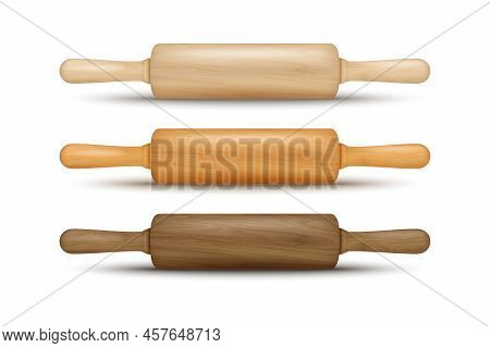 Vector 3d Realistic Textured Brown Wooden Rolling Pin Icon Set Isolated. Kitchen Dough Roller, Desig