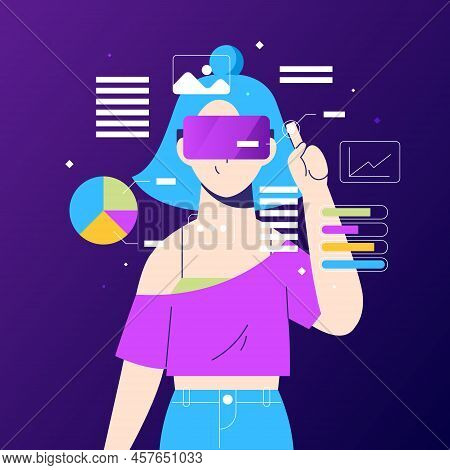 Metaverse Digital Cyber World Technology, Girl Holding Virtual Reality Glasses In Cyberspace. Modern