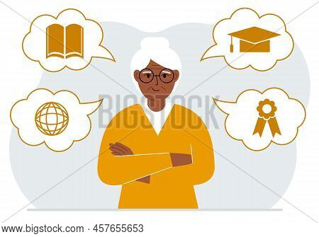 Happy Grandmother With Thoughts About Learning. Internet Profession, Higher Education, Stock Exchang