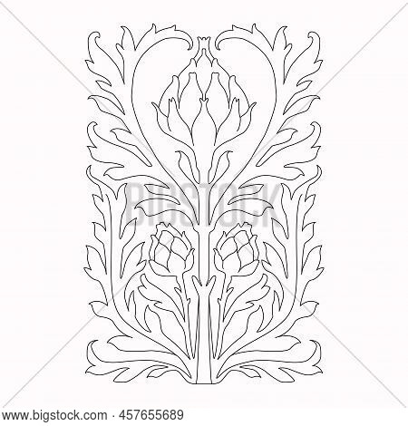 Vintage Drawn Tree Branches With Leaves And Flowers On White Background.