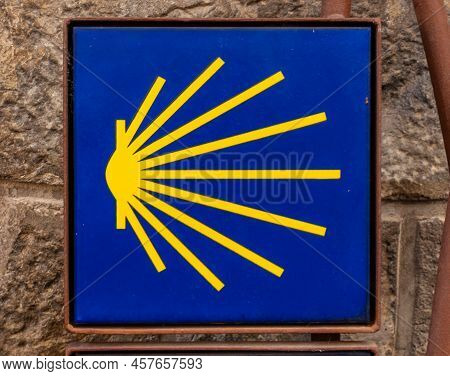 Blue Plaques Of The Camino De Santiago Next To The Cathedral Of San Pedro De Jaca In Aragon. Spain