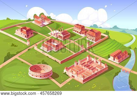 Rome Isometric Landscape With Antique Building Vector Cartoon Game Background. Capitol Temple And Ba