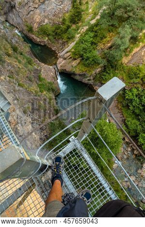 Metal Walkway On The Mountain In The Town Of Panticosa In The Pyrenees In Summer, Huesca. Spain