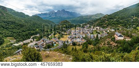 Panoramic View Of The Mountains And The Town Of Panticosa In The Pyrenees. Huesca. Spain