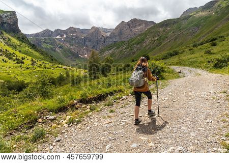 A Hiker On The Trek In The Ripera Valley In The Town Of Panticosa In The Pyrenees