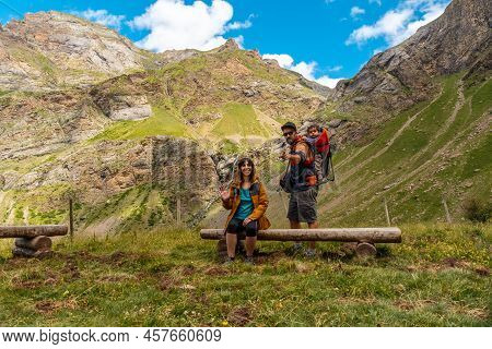 Family Selfie On The Mountain Train In The Traditional Village Of Panticosa In The Pyrenees