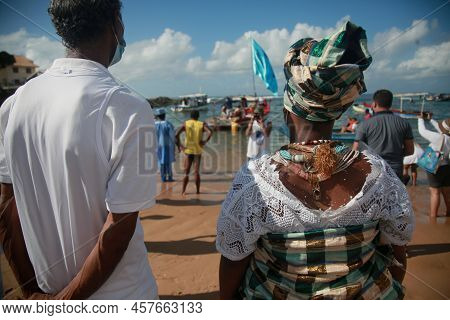 Salvador, Bahia, Brazil - February 2, 2022: Candomble Devotees And Supporters Of The African Matriaz