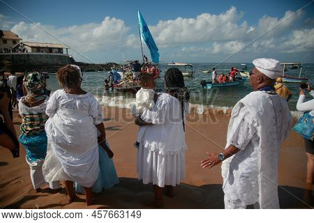 Salvador, Bahia, Brazil - February 2, 2022: Candomble Devotees And Supporters Of The African Matriaz