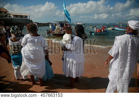 Salvador, Bahia, Brazil - February 2, 2022: Candomble Devotees And Supporters Of The African Matriaz