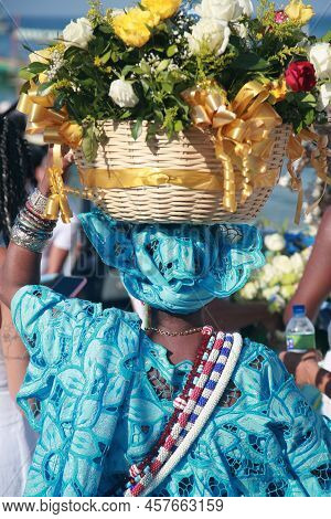 Salvador, Bahia, Brazil - February 2, 2022: Candomble Devotees And Supporters Of The African Matriaz
