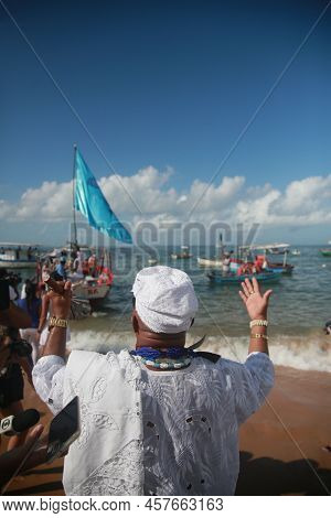 Salvador, Bahia, Brazil - February 2, 2022: Candomble Devotees And Supporters Of The African Matriaz