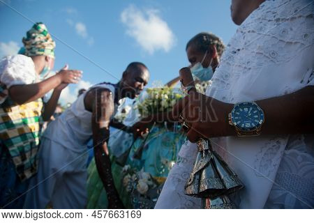 Salvador, Bahia, Brazil - February 2, 2022: Candomble Devotees And Supporters Of The African Matriaz