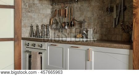 Modern Japandi Kitchen Interior Design Appartment In Earth Tones, Natural Textures With Wooden Solid