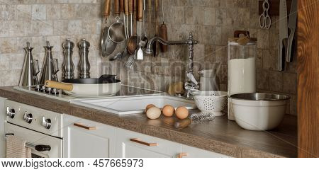 Modern Japandi Kitchen Interior Design Appartment In Earth Tones, Natural Textures With Wooden Solid