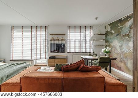 Modern Japandi Interior Design Appartment In Earth Tones, Natural Textures With Wooden Solid Oak Fur
