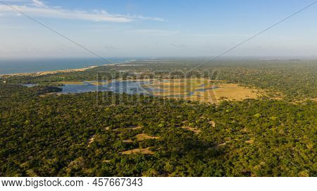 Lakes And Green Forests, Jungles View From Above In The Kumana National Park. Tropical Landscape.