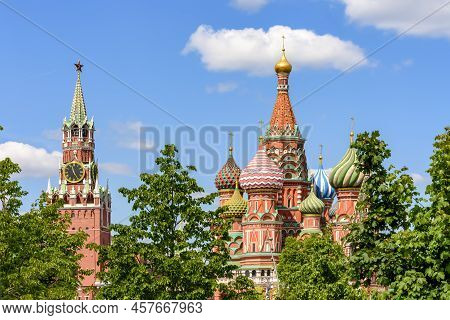 Moscow Cityscape With Cathedral Of Vasily The Blessed (saint Basil's Cathedral) And Spasskaya Tower 