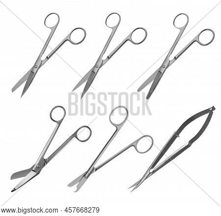 Set Of Surgical Articulated Scissors With Various Blade Shapes And Different Purposes. Vector Illust