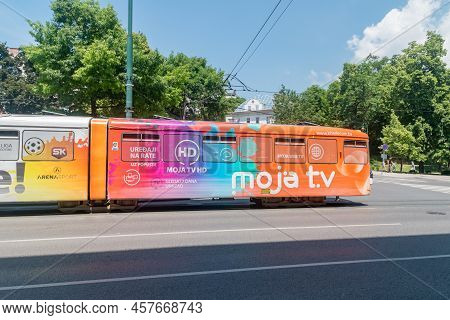 Sarajevo, Bosnia And Herzegovina - June 3, 2022: Sarajevo Tram With Advertisement Of Moja Tv.